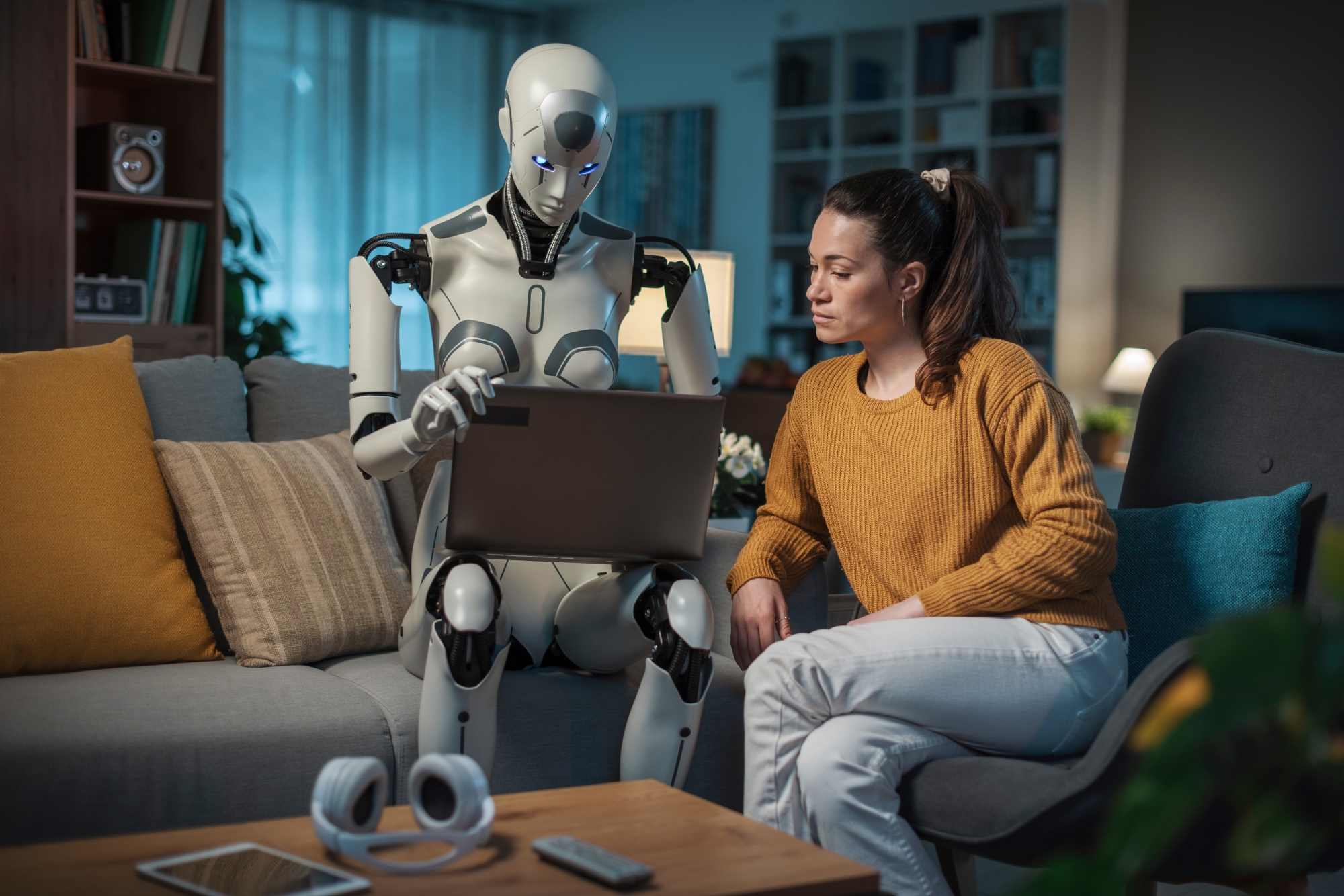 femme avec un robot ai sur son canapé