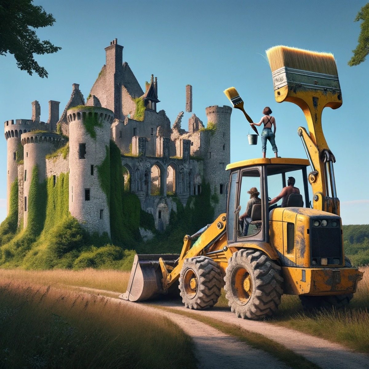 la loi monuments historique est destinée à permettre la conservation du patrimoine architectural français. image AI de personnes sur une tractopelle devant une ruine de château médieval