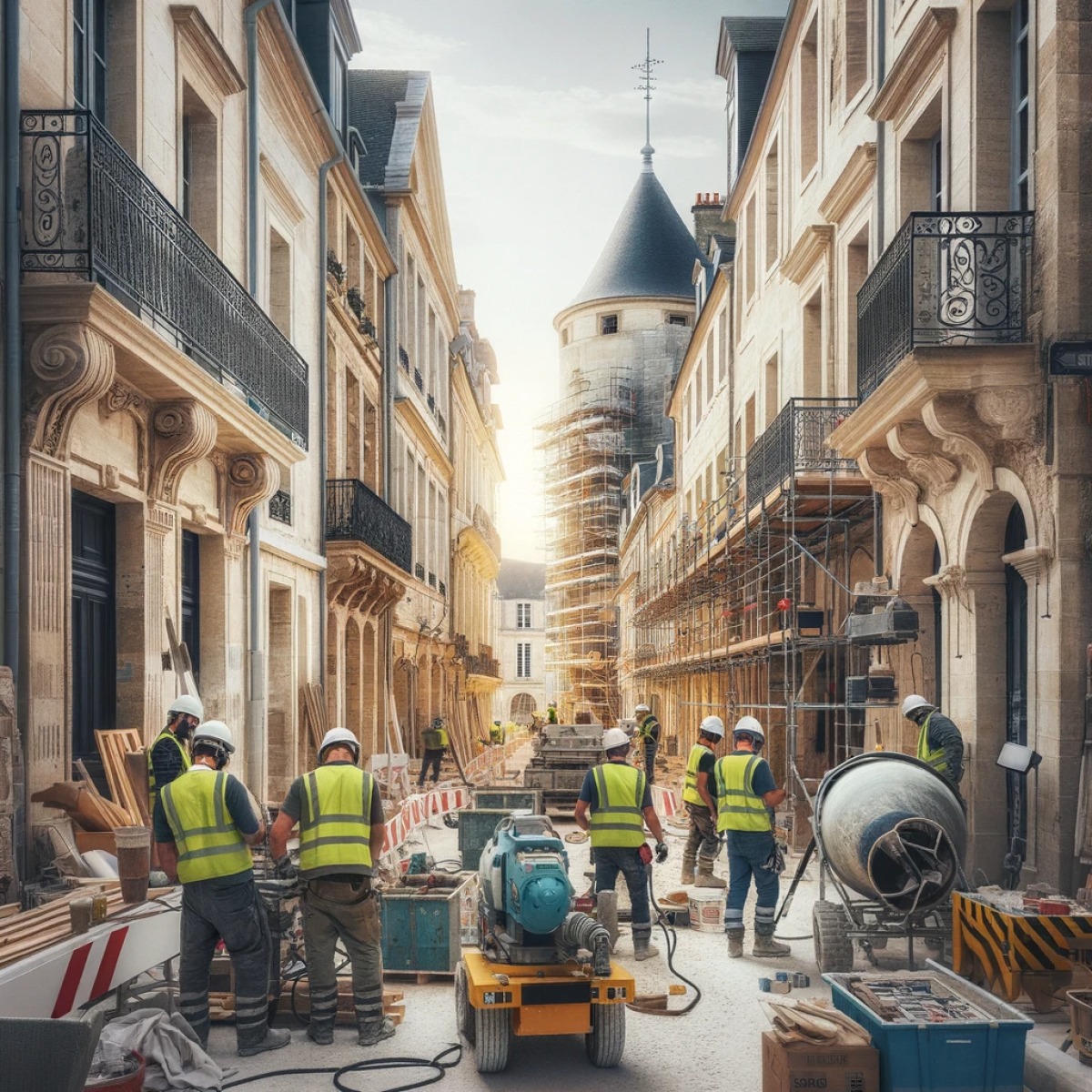 la loi Malraux est réservée aux investissements dans les centres-villes anciens. image IA d’un centre-ville français avec des ouvriers exécutant des travaux sur les bâtiments