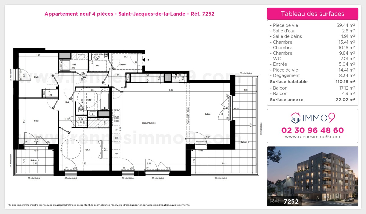 Plan et surfaces, Programme neuf Saint-Jacques-de-la-Lande Référence n° 7252