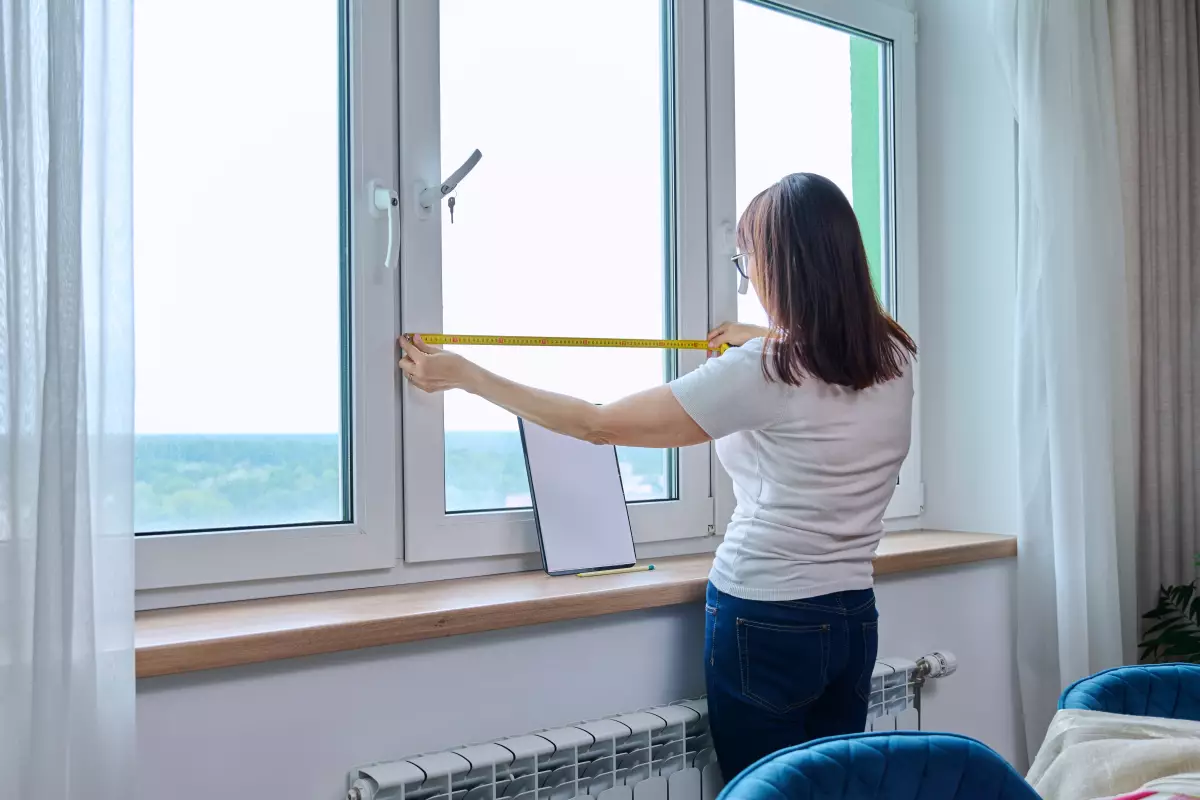une femme mesure une fenêtre à l’aide d’un mètre