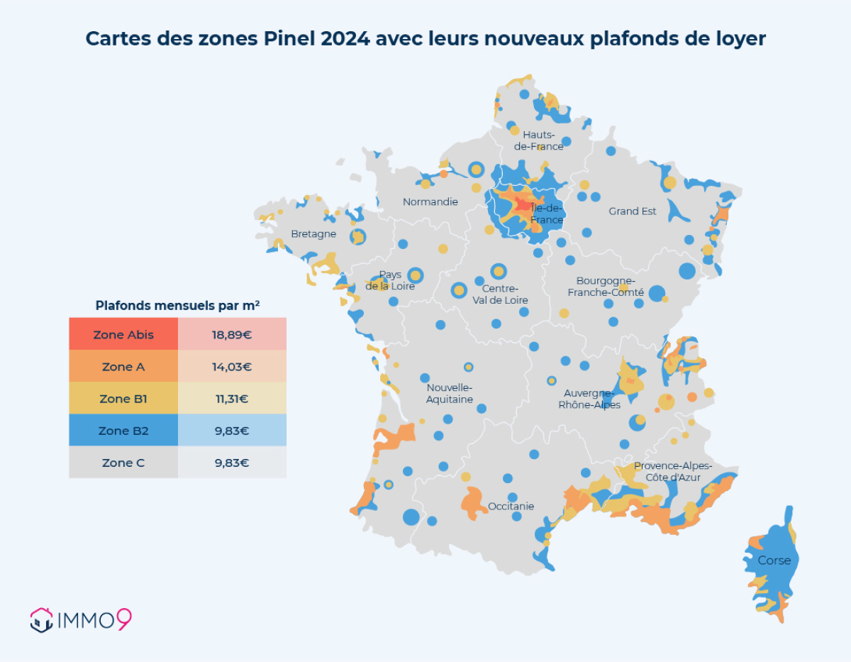 carte de France des plafonds de loyer Pinel 2024 selon leur zonage