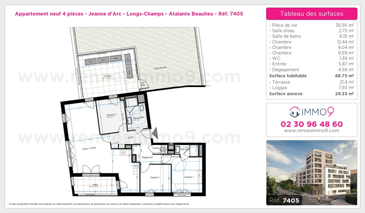 Plan et surfaces, Programme neuf Rennes : Jeanne d'Arc - Longs-Champs - Atalante Beaulieu Référence n° 7405