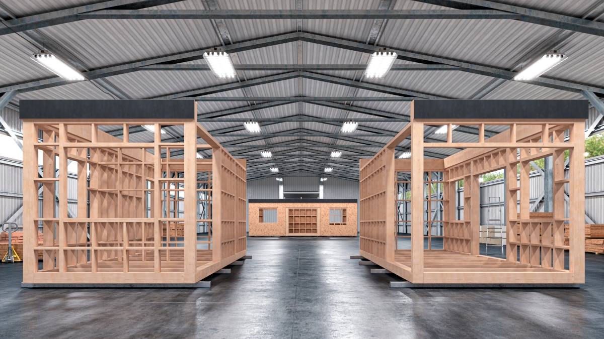 Magasin d'assemblage de maisons modulaires avec prêt-à-porter et inachevé. Illustration 3d