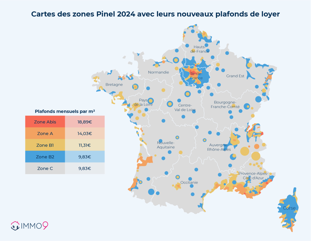 carte de France des plafonds de loyer Pinel 2024 selon leur zonage