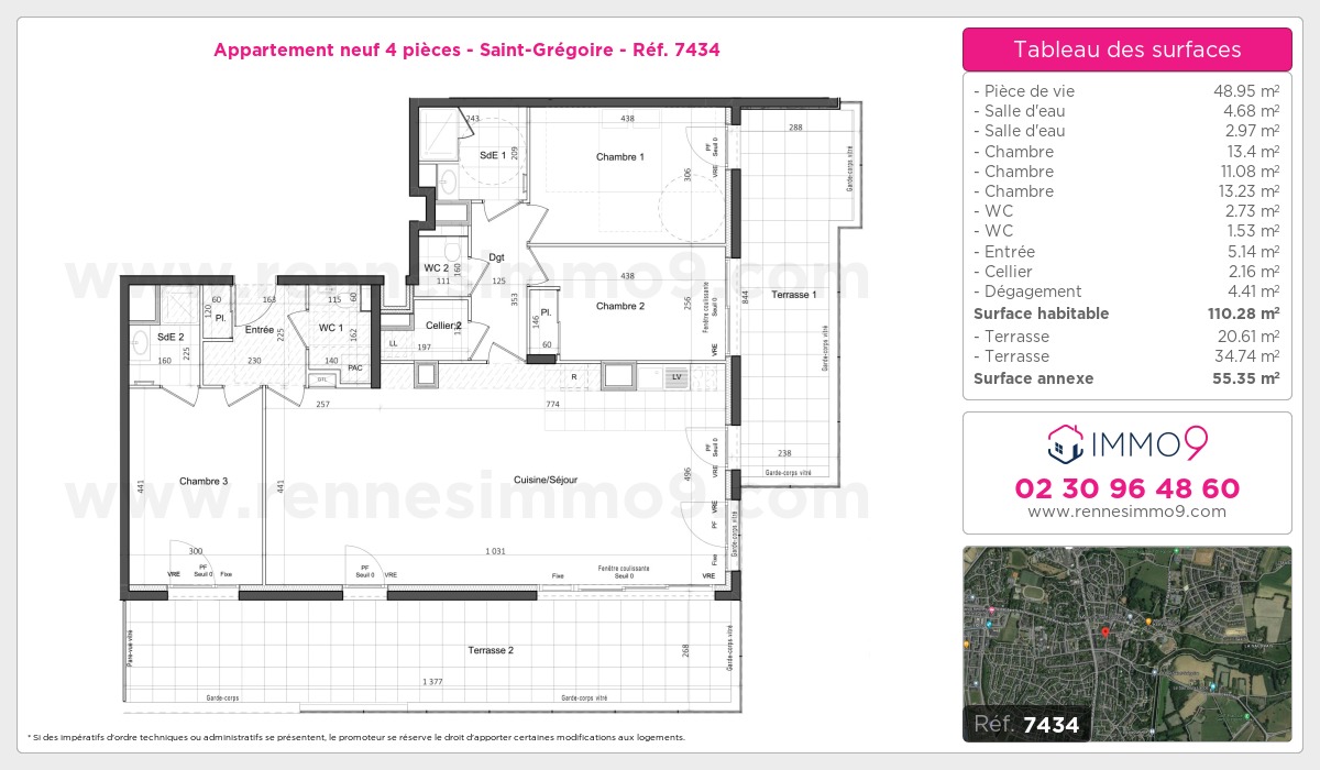 Plan et surfaces, Programme neuf Saint-Grégoire Référence n° 7434