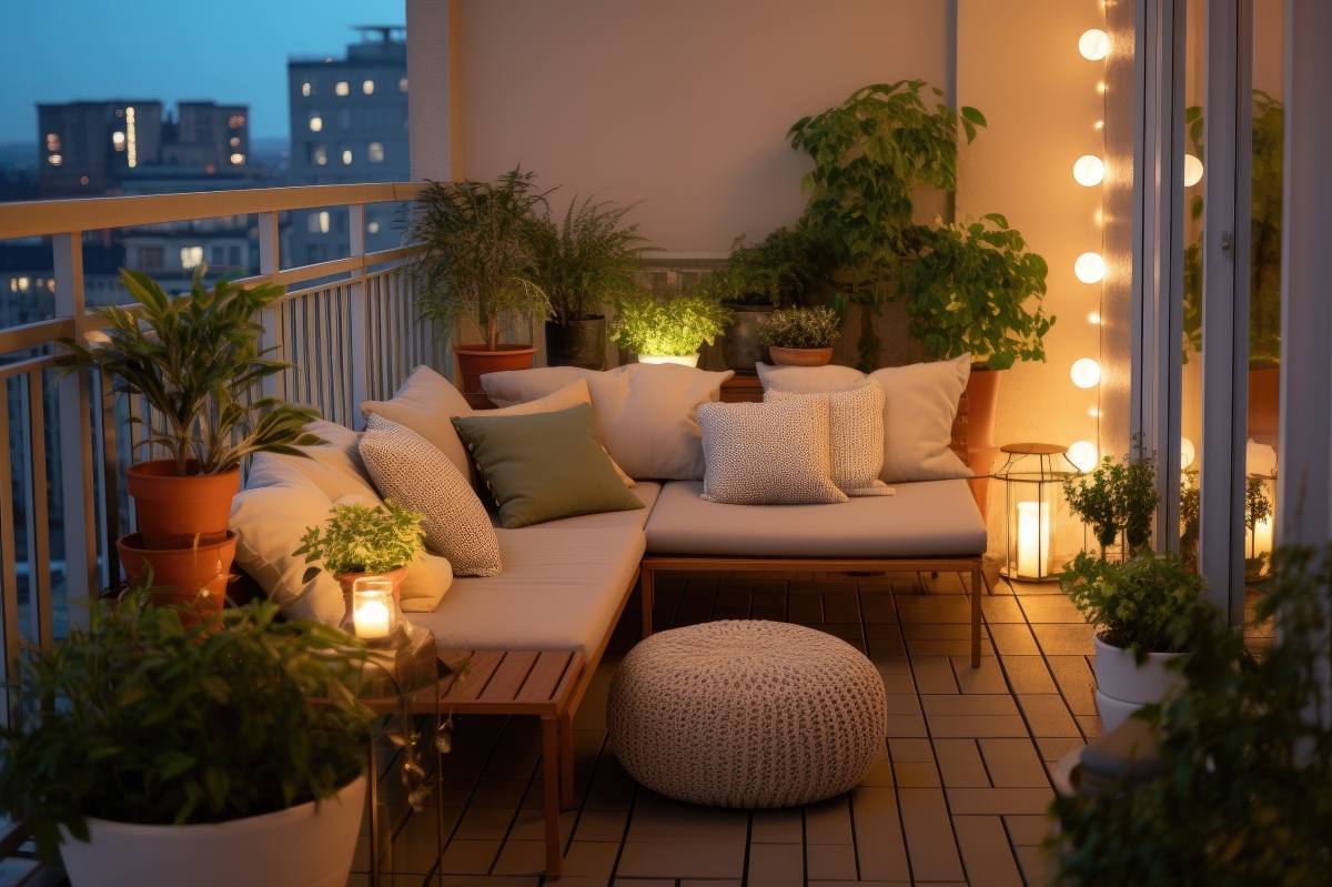 Amenager un balcon — Un balcon décoré avec plantes, canapé et guirlandes lumineuses