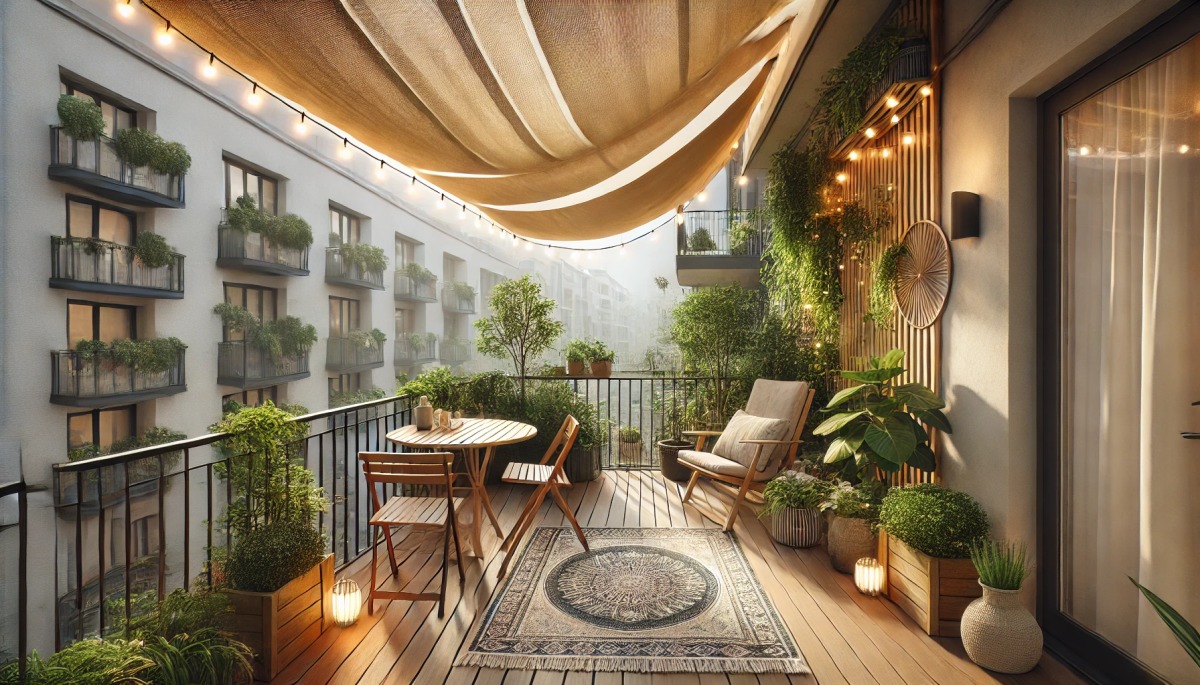 Amenager un balcon — Un balcon avec une voile d’ombrage