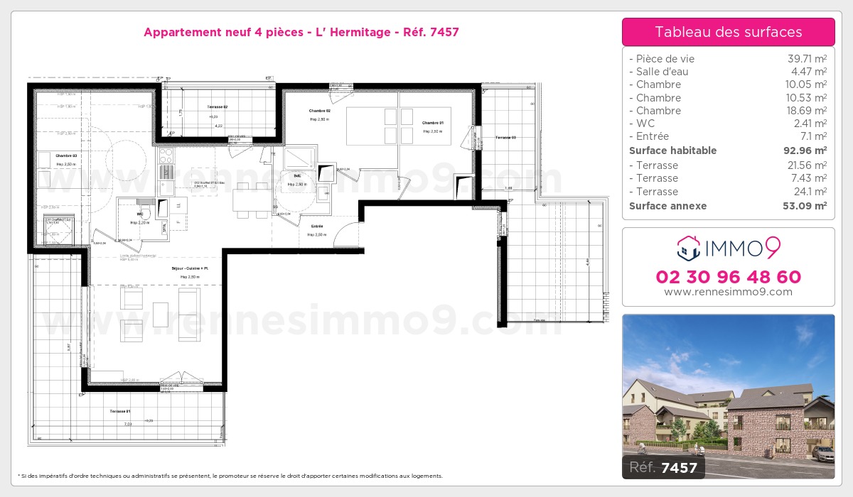 Plan et surfaces, Programme neuf Hermitage Référence n° 7457