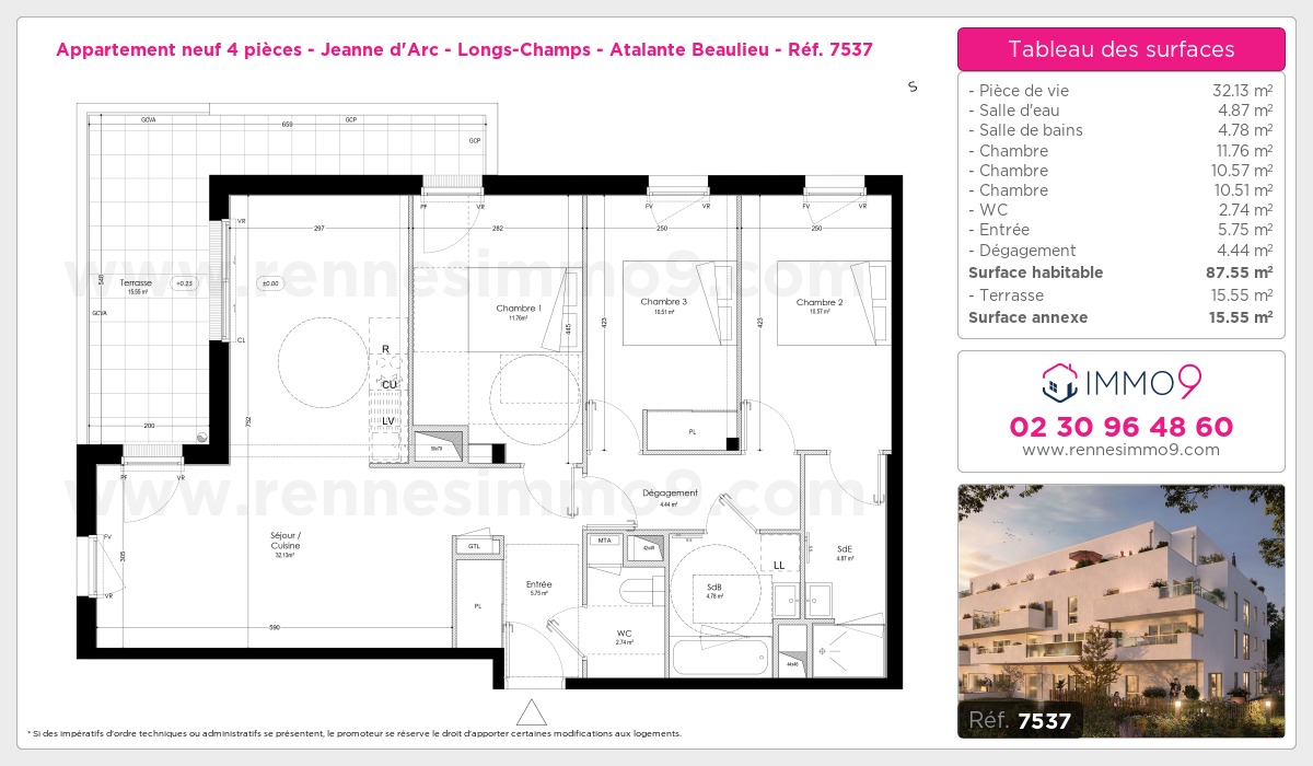 Plan et surfaces, Programme neuf Rennes : Jeanne d'Arc - Longs-Champs - Atalante Beaulieu Référence n° 7537