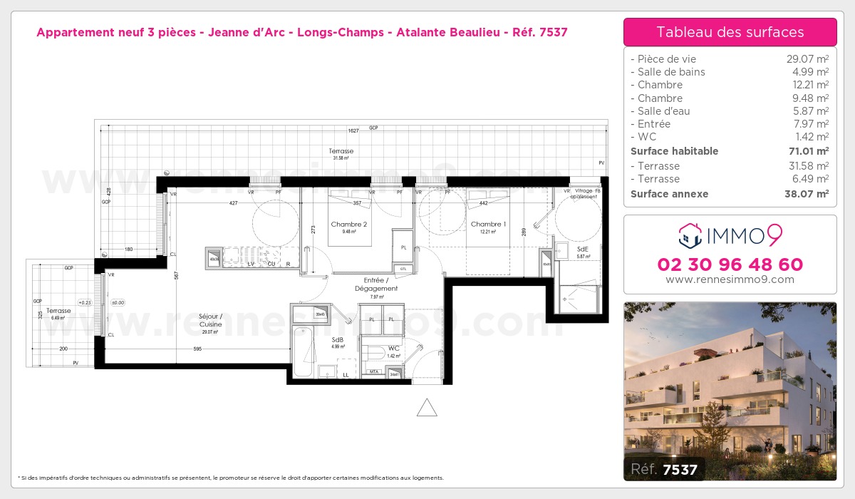 Plan et surfaces, Programme neuf Rennes : Jeanne d'Arc - Longs-Champs - Atalante Beaulieu Référence n° 7537