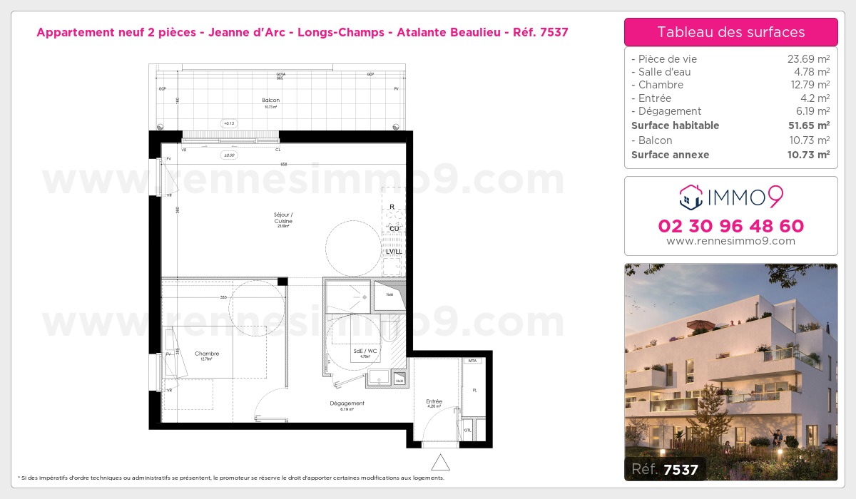 Plan et surfaces, Programme neuf Rennes : Jeanne d'Arc - Longs-Champs - Atalante Beaulieu Référence n° 7537