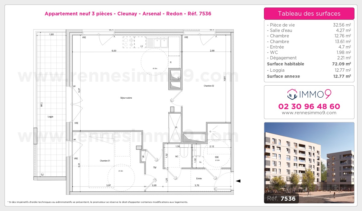 Plan et surfaces, Programme neuf Rennes : Cleunay - Arsenal - Redon Référence n° 7536