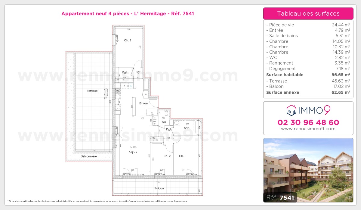 Plan et surfaces, Programme neuf Hermitage Référence n° 7541