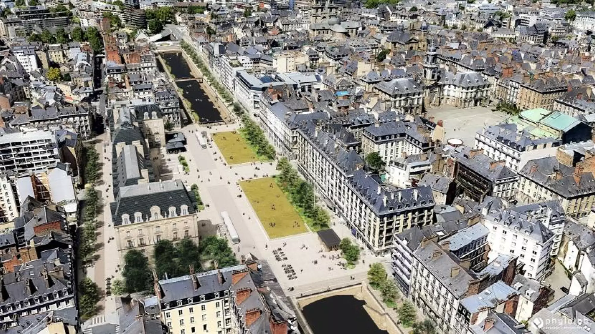 Visuel vue aérienne place de la république quais de la Vilaine Rennes