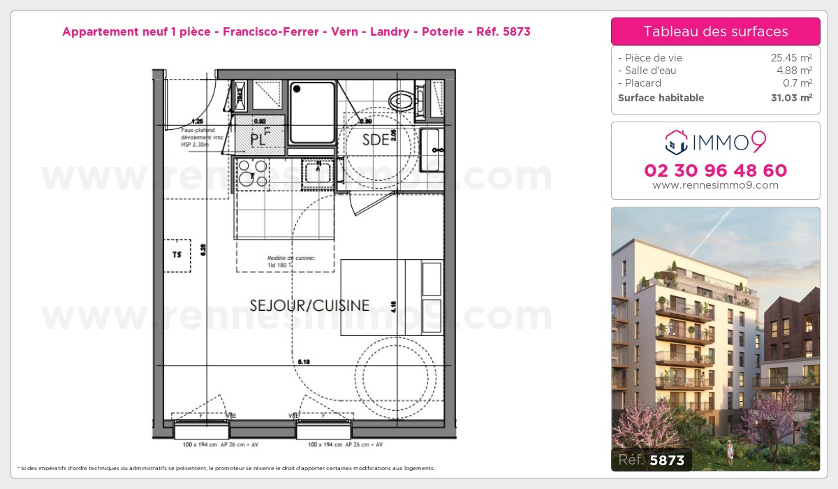 Plan et surfaces, Programme neuf Rennes : Francisco-Ferrer - Vern - Landry - Poterie Référence n° 5873