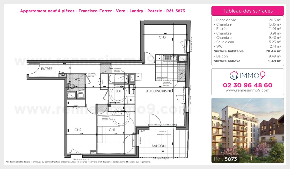 Plan et surfaces, Programme neuf Rennes : Francisco-Ferrer - Vern - Landry - Poterie Référence n° 5873