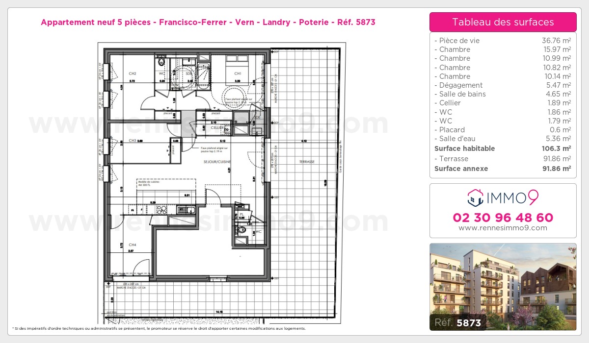 Plan et surfaces, Programme neuf Rennes : Francisco-Ferrer - Vern - Landry - Poterie Référence n° 5873