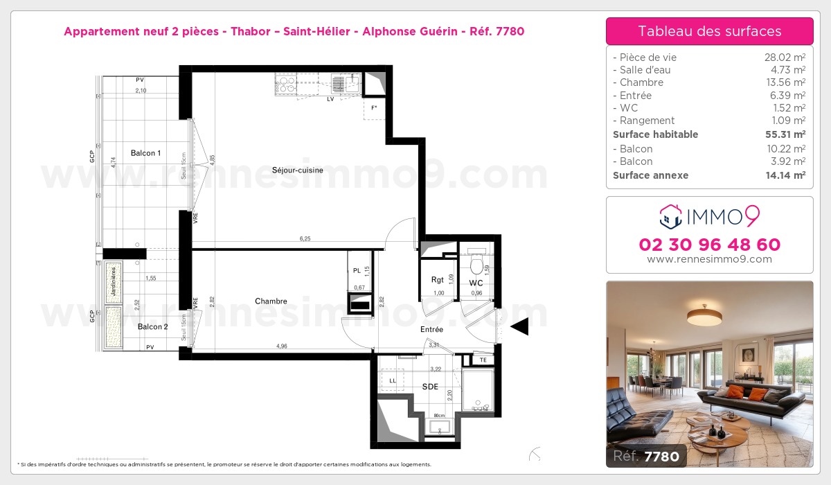 Plan et surfaces, Programme neuf Rennes : Thabor – Saint-Hélier - Alphonse Guérin Référence n° 7780