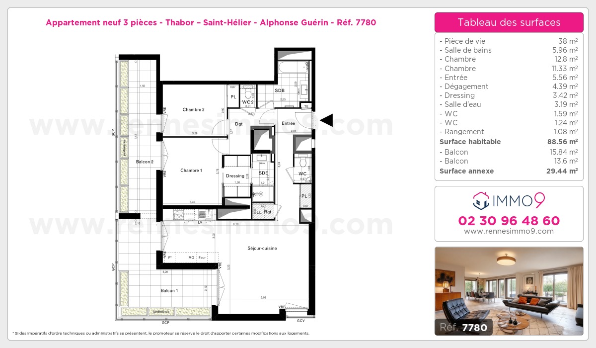 Plan et surfaces, Programme neuf Rennes : Thabor – Saint-Hélier - Alphonse Guérin Référence n° 7780