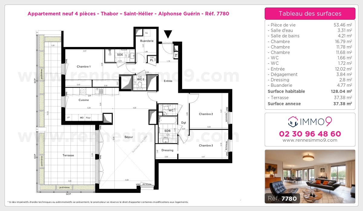 Plan et surfaces, Programme neuf Rennes : Thabor – Saint-Hélier - Alphonse Guérin Référence n° 7780