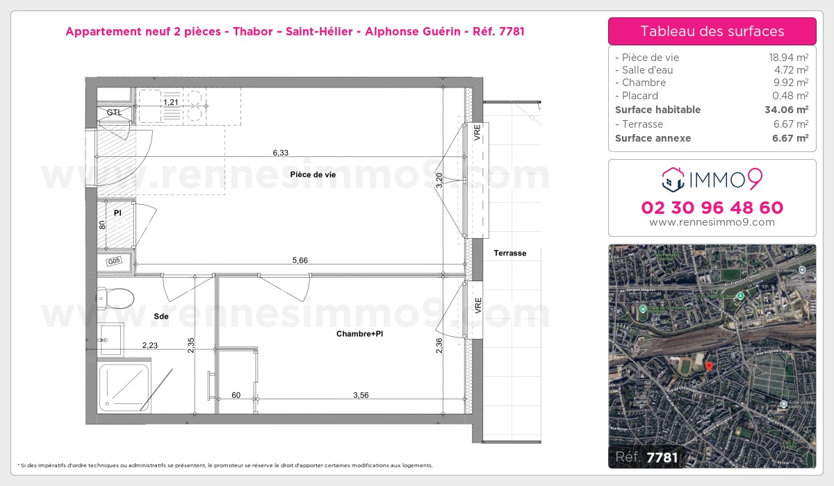 Plan et surfaces, Programme neuf Rennes : Thabor – Saint-Hélier - Alphonse Guérin Référence n° 7781