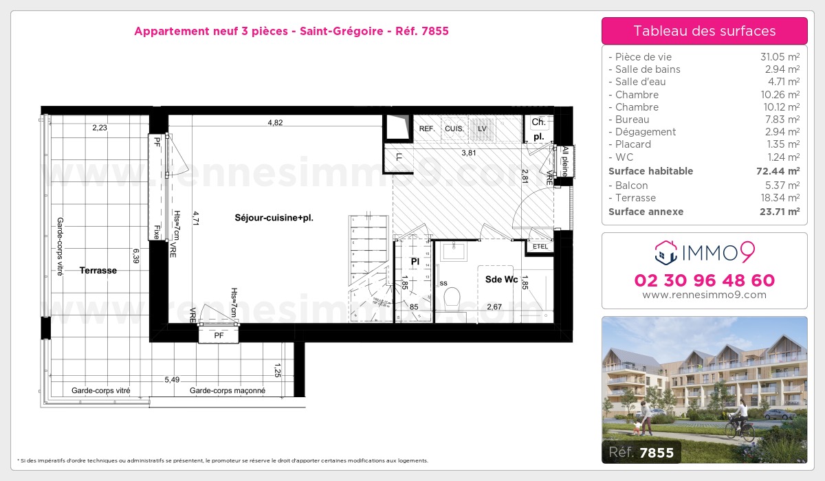 Plan et surfaces, Programme neuf Saint-Grégoire Référence n° 7855