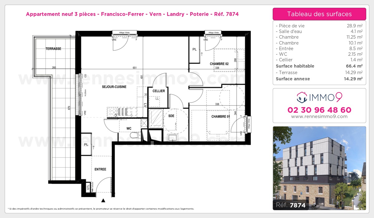 Plan et surfaces, Programme neuf Rennes : Francisco-Ferrer - Vern - Landry - Poterie Référence n° 7874
