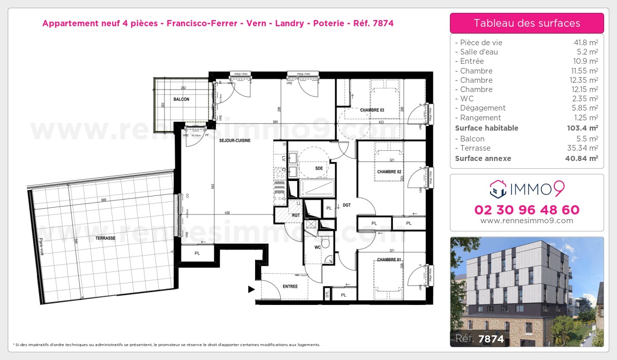 Plan et surfaces, Programme neuf Rennes : Francisco-Ferrer - Vern - Landry - Poterie Référence n° 7874