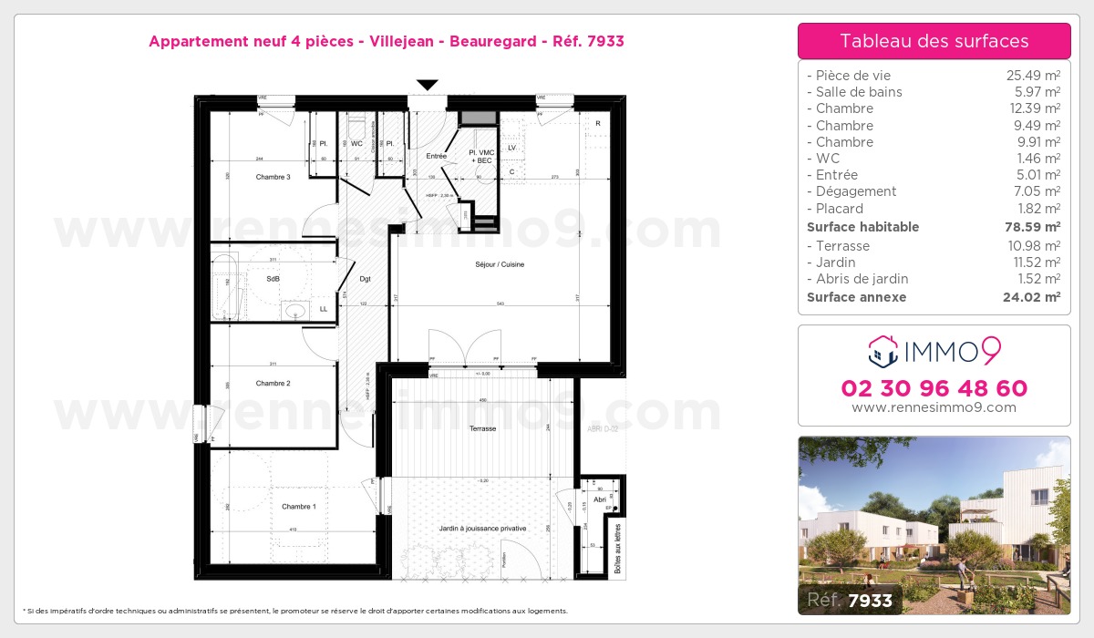 Plan et surfaces, Programme neuf Rennes : Villejean - Beauregard Référence n° 7933