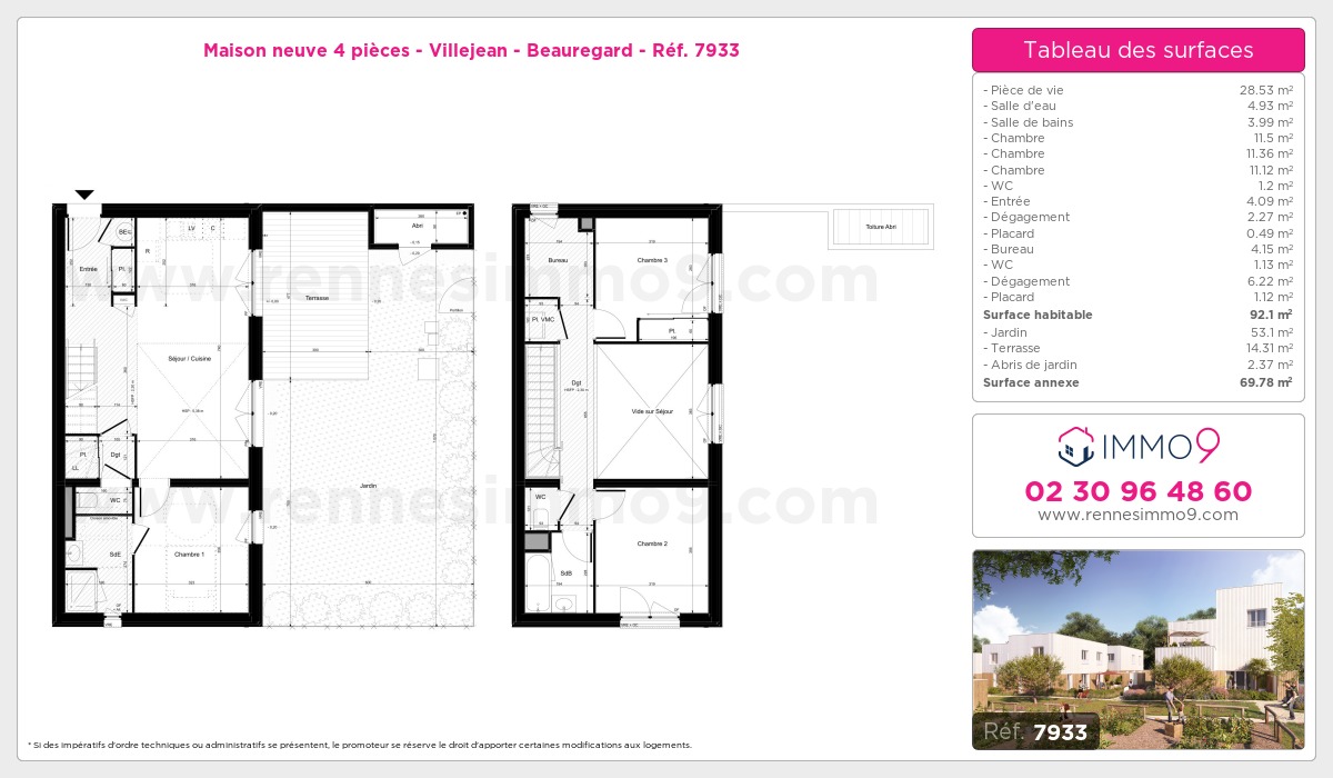 Plan et surfaces, Programme neuf Rennes : Villejean - Beauregard Référence n° 7933