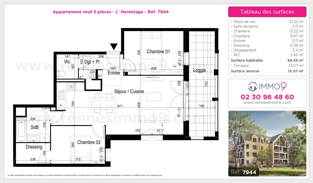 Plan et surfaces, Programme neuf Hermitage Référence n° 7944
