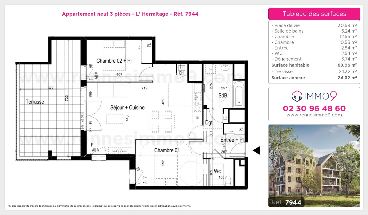 Plan et surfaces, Programme neuf Hermitage Référence n° 7944