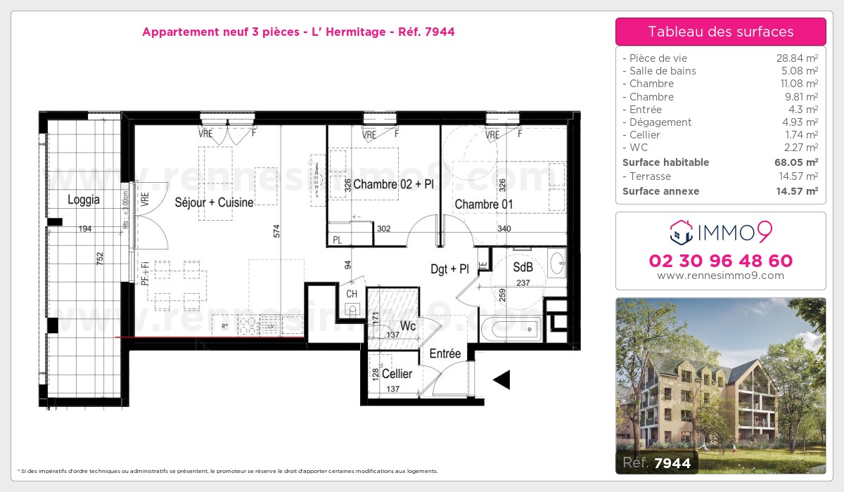 Plan et surfaces, Programme neuf Hermitage Référence n° 7944