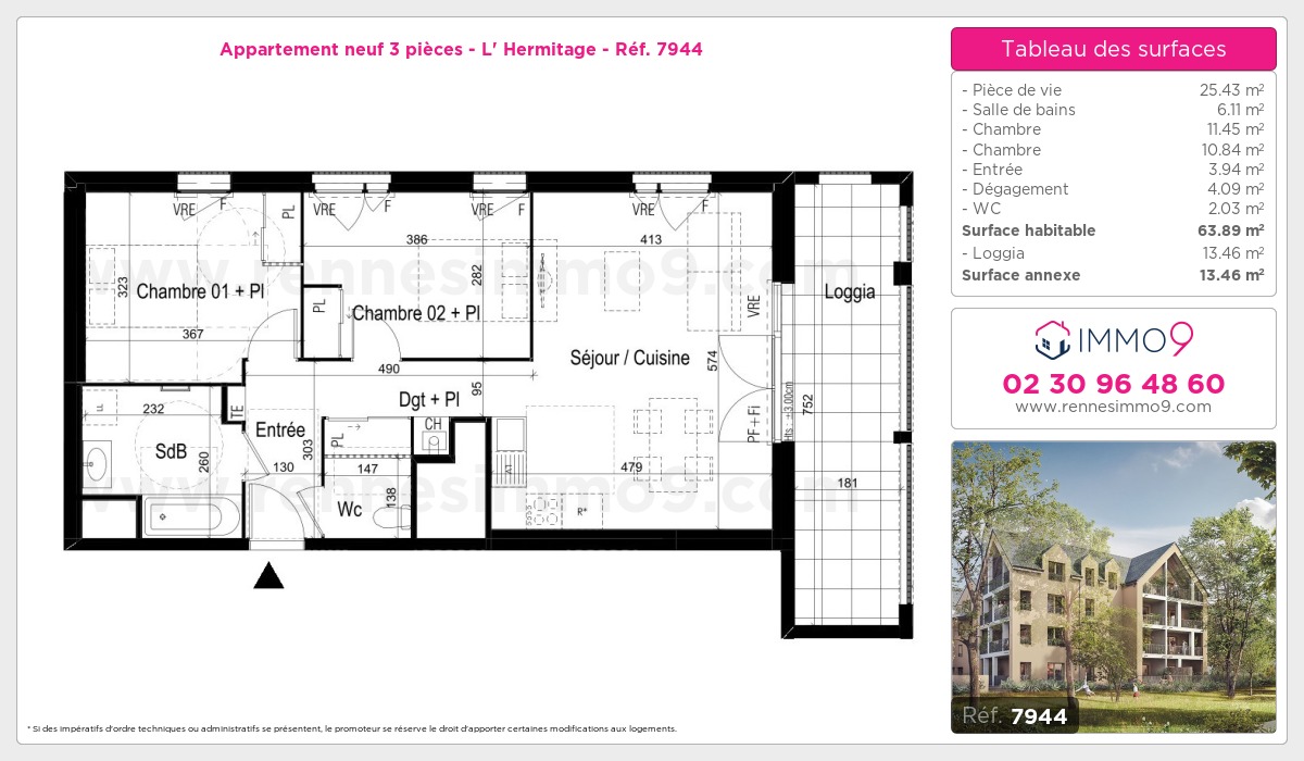 Plan et surfaces, Programme neuf Hermitage Référence n° 7944
