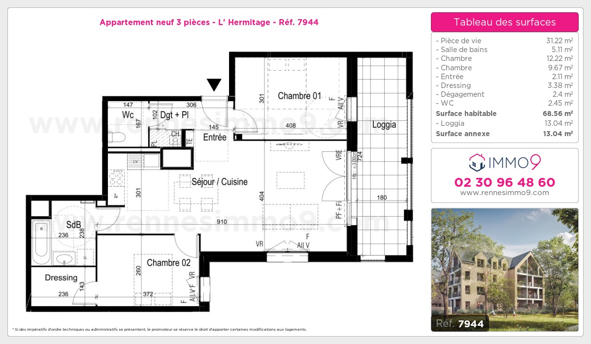 Plan et surfaces, Programme neuf Hermitage Référence n° 7944