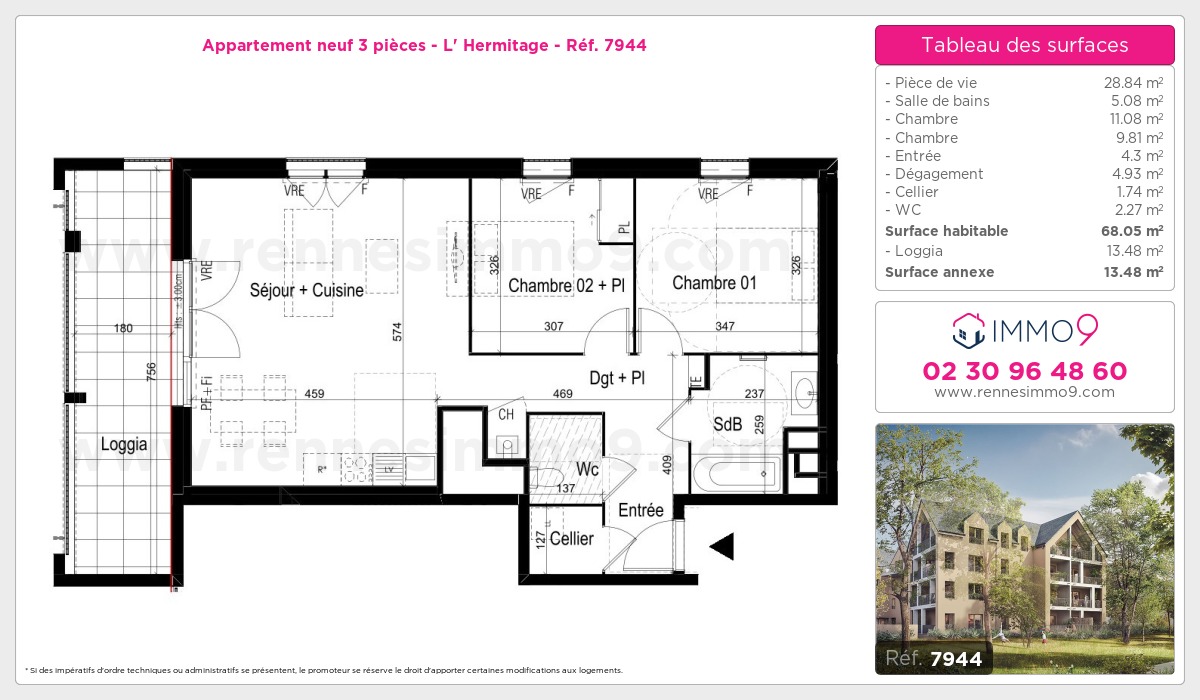 Plan et surfaces, Programme neuf Hermitage Référence n° 7944