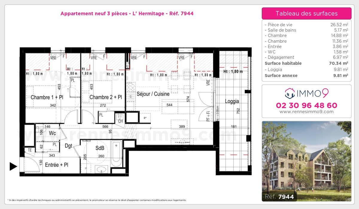 Plan et surfaces, Programme neuf Hermitage Référence n° 7944