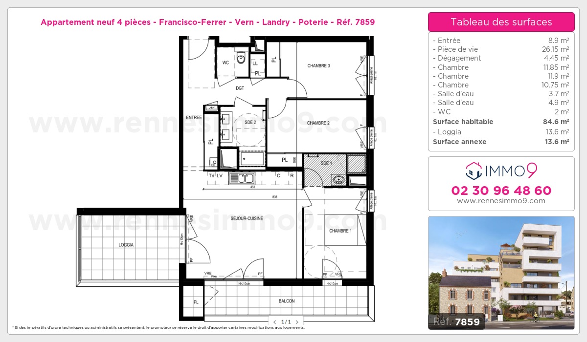 Plan et surfaces, Programme neuf Rennes : Francisco-Ferrer - Vern - Landry - Poterie Référence n° 7859