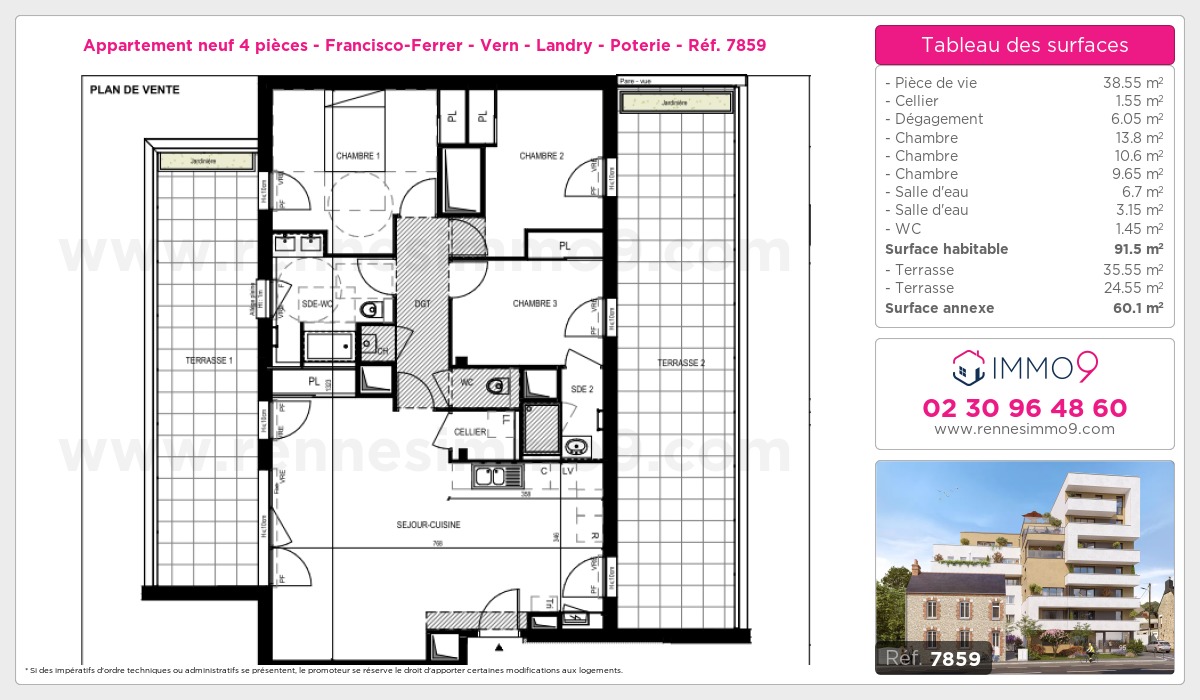 Plan et surfaces, Programme neuf Rennes : Francisco-Ferrer - Vern - Landry - Poterie Référence n° 7859