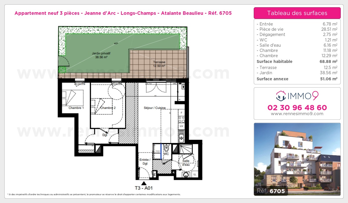 Plan et surfaces, Programme neuf Rennes : Jeanne d'Arc - Longs-Champs - Atalante Beaulieu Référence n° 6705