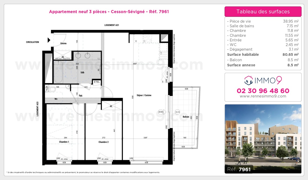 Plan et surfaces, Programme neuf Cesson-Sévigné Référence n° 7961