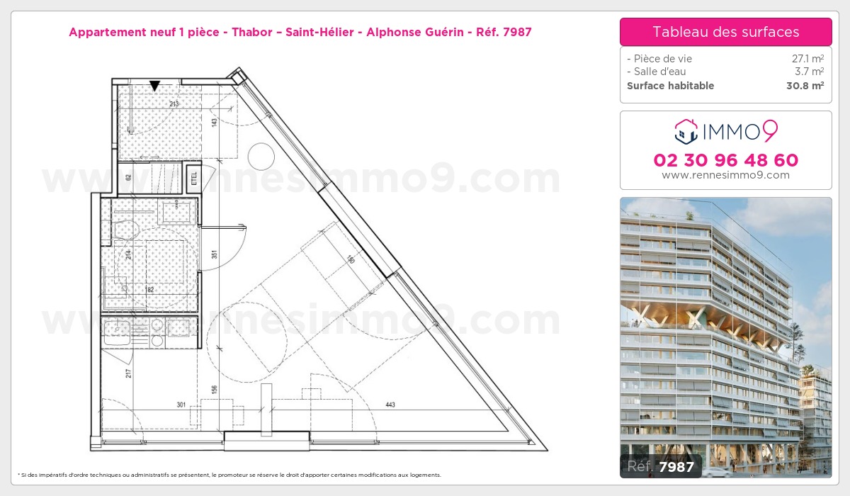 Plan et surfaces, Programme neuf Rennes : Thabor – Saint-Hélier - Alphonse Guérin Référence n° 7987