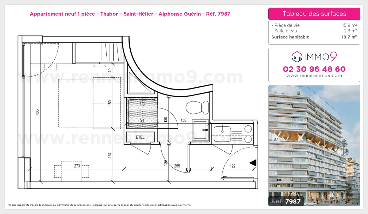 Plan et surfaces, Programme neuf Rennes : Thabor – Saint-Hélier - Alphonse Guérin Référence n° 7987