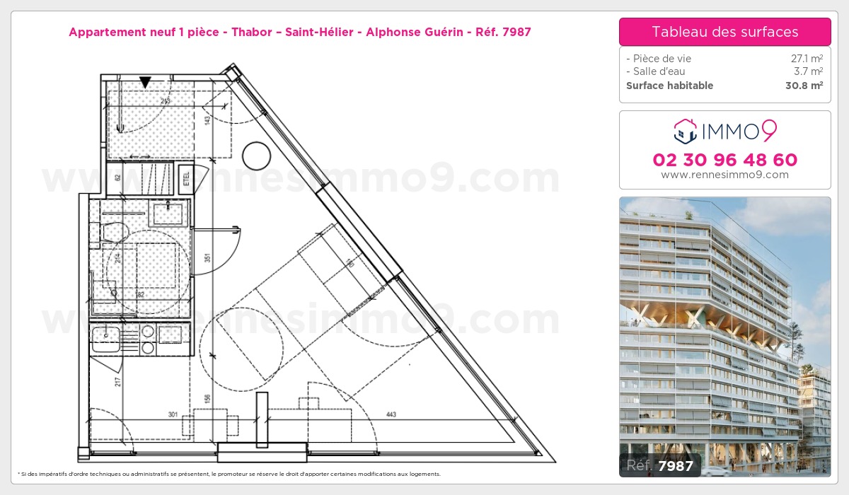 Plan et surfaces, Programme neuf Rennes : Thabor – Saint-Hélier - Alphonse Guérin Référence n° 7987