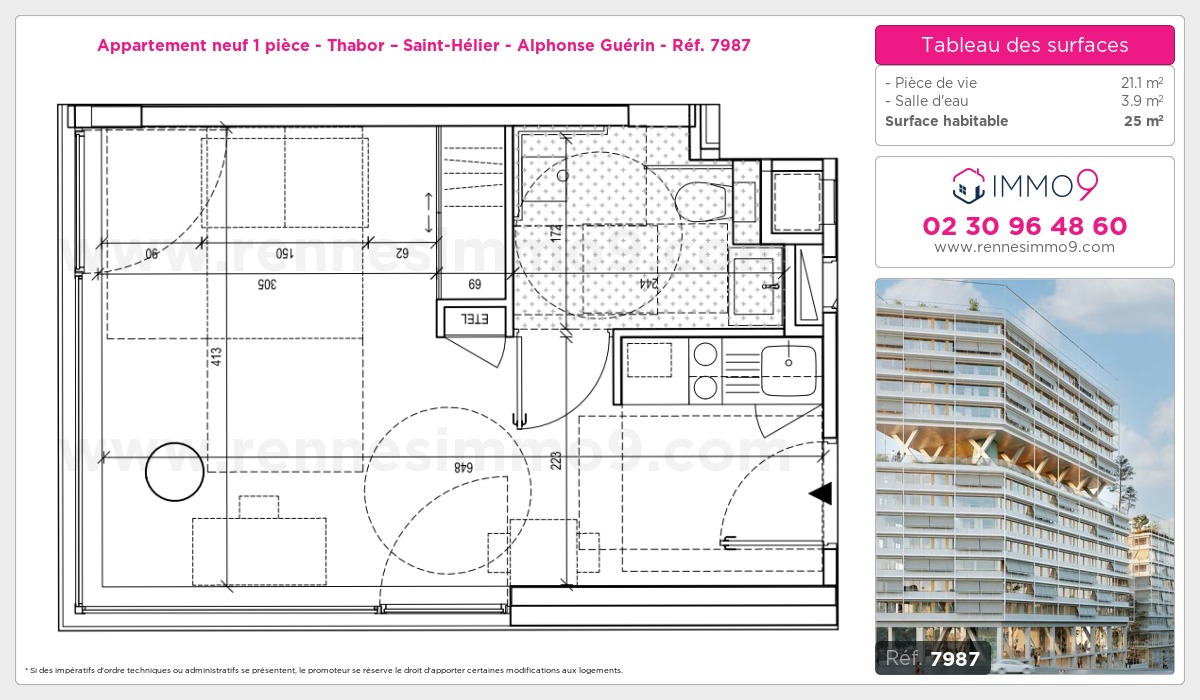 Plan et surfaces, Programme neuf Rennes : Thabor – Saint-Hélier - Alphonse Guérin Référence n° 7987