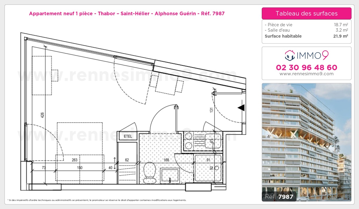 Plan et surfaces, Programme neuf Rennes : Thabor – Saint-Hélier - Alphonse Guérin Référence n° 7987