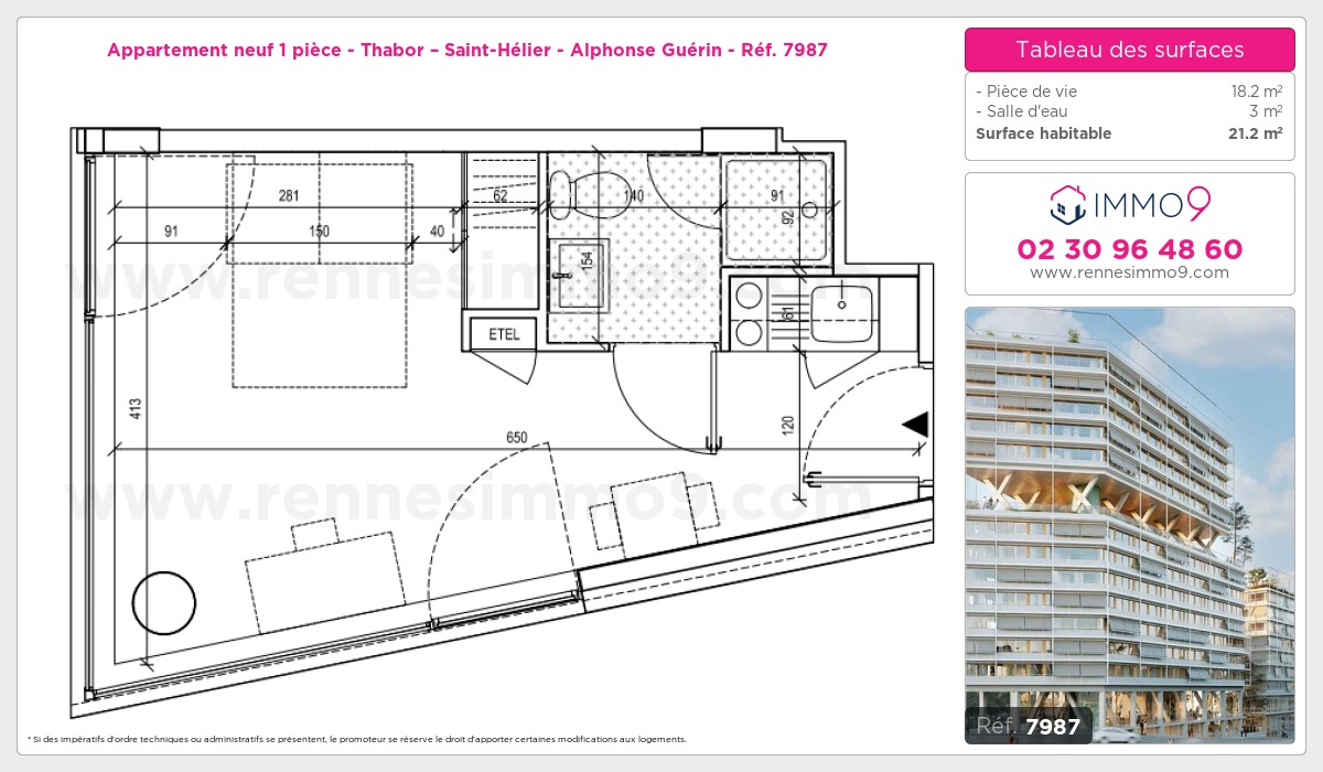 Plan et surfaces, Programme neuf Rennes : Thabor – Saint-Hélier - Alphonse Guérin Référence n° 7987