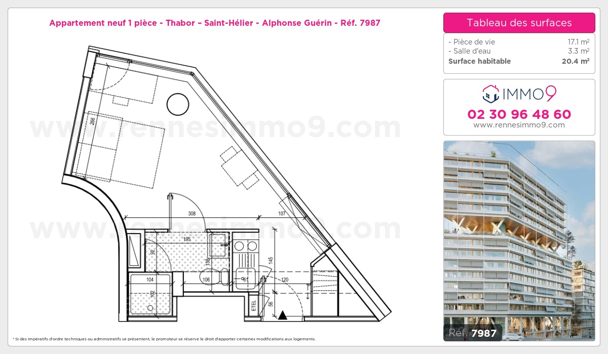 Plan et surfaces, Programme neuf Rennes : Thabor – Saint-Hélier - Alphonse Guérin Référence n° 7987