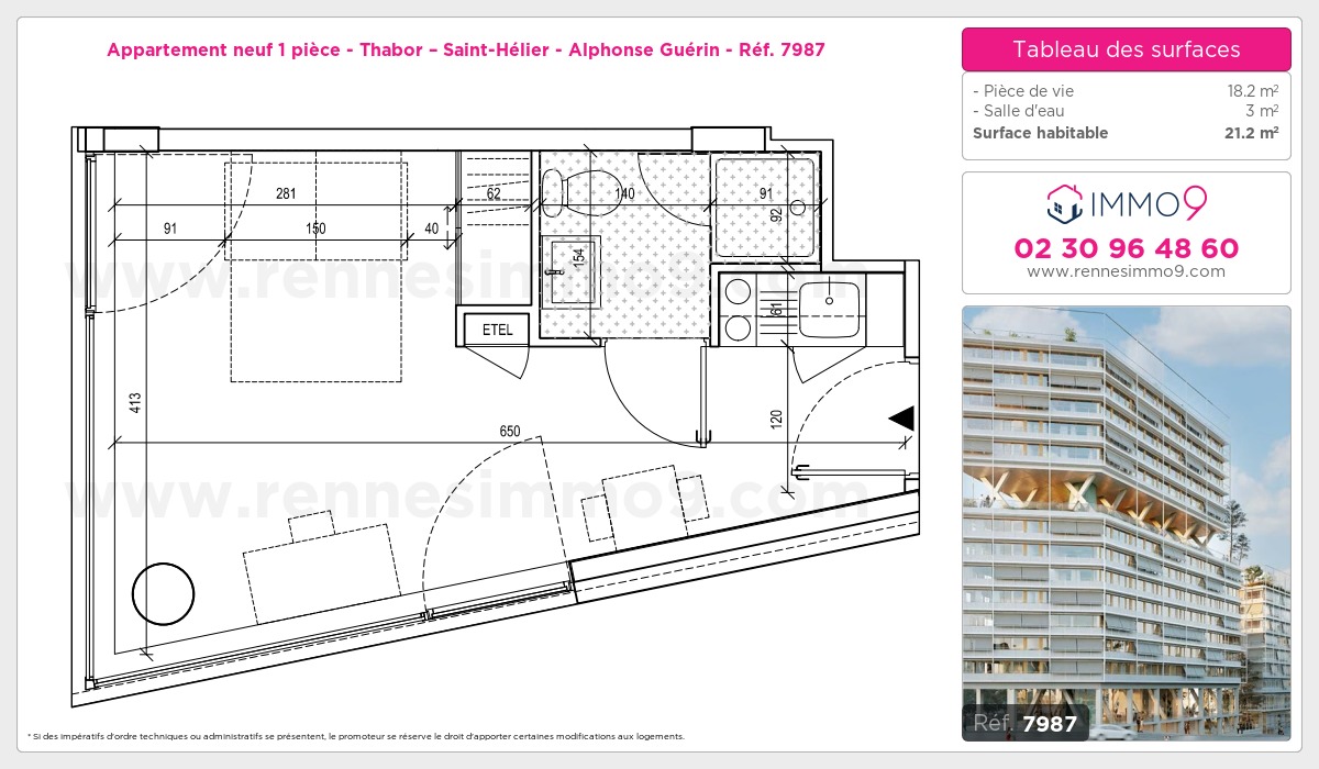 Plan et surfaces, Programme neuf Rennes : Thabor – Saint-Hélier - Alphonse Guérin Référence n° 7987